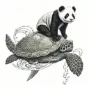 baby panda on the back of a sea turtle swimming tattoo design idea