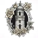 A neotraditional tattoo of a gothic-style bell tower with roses and cats climbing up it tattoo design idea