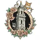A neotraditional tattoo of a gothic-style bell tower with roses and cats climbing up it tattoo design idea
