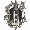 A neotraditional tattoo of a gothic-style bell tower with roses and cats climbing up it tattoo design idea
