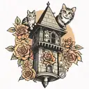 A neotraditional tattoo of a gothic-style bell tower with roses and cats climbing up it tattoo design idea