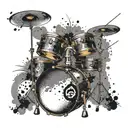 An abstract tattoo design featuring a drum kit surrounded by symbols of World War 2, representing your interests in music and history tattoo design idea