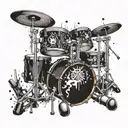 An abstract tattoo design featuring a drum kit surrounded by symbols of World War 2, representing your interests in music and history tattoo design idea