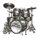 An abstract tattoo design featuring a drum kit surrounded by symbols of World War 2, representing your interests in music and history tattoo design idea