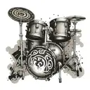 An abstract tattoo design featuring a drum kit surrounded by symbols of World War 2, representing your interests in music and history tattoo design idea