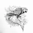 parrot perched on tree branch with rainforest & waterfall in background  tattoo design idea