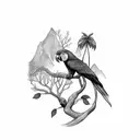 parrot perched on tree branch with rainforest & waterfall in background  tattoo design idea