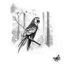 parrot perched on tree branch with rainforest & waterfall in background  tattoo design idea