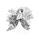 parrot perched on tree branch with rainforest & waterfall in background  tattoo design idea