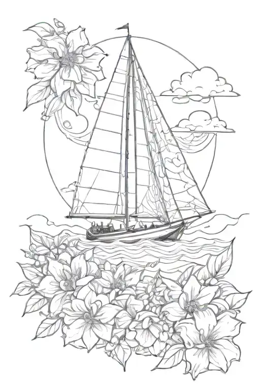 Sailboat sailing on a sea of flowers tattoo design idea