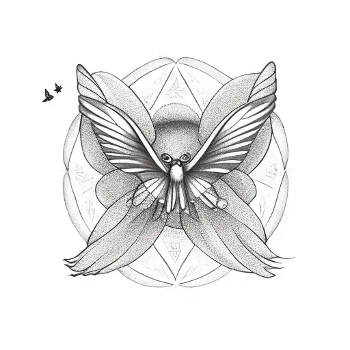 hand with a flower growing from it, above a butterfly, above a hummingbird and at the top the moon tattoo design idea