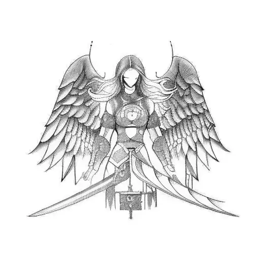 Wing, angel, warrior, woman, sword tattoo design idea