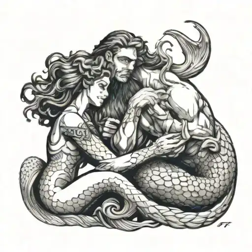 posidon arm wrestling a mermaid sitting tattoo design idea