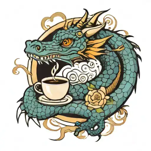A tattoo design inspired by the character Haku the dragon from 'Spirited Away', incorporating elements of coffee and Korean dramas tattoo design idea