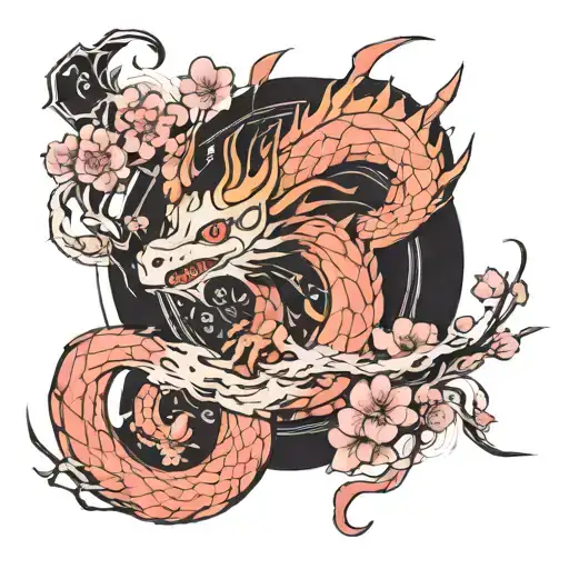 A tattoo design inspired by the character Haku the dragon from 'Spirited Away', incorporating elements of sakura and Korean language tutoring tattoo design idea