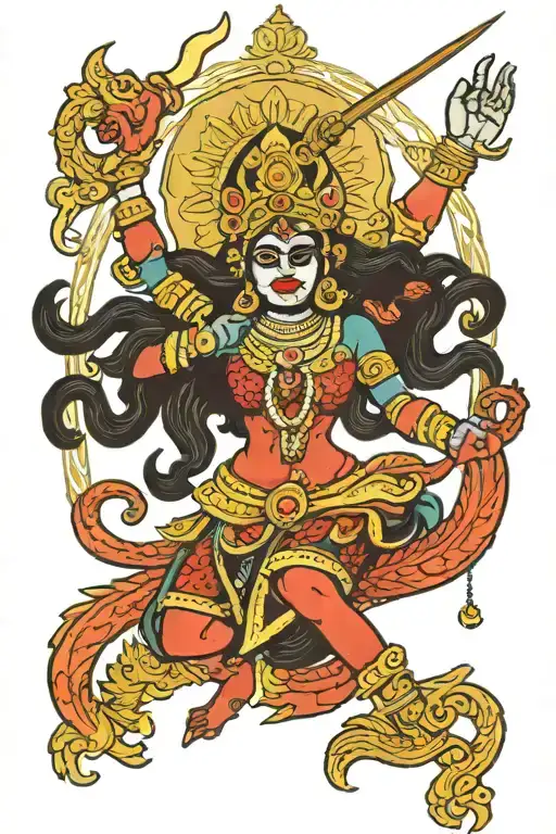 Goddess Kali is angry, dancing in full height tattoo design idea