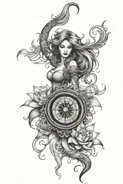 compass with mermaid with lotus flower hair tangled together tattoo design idea