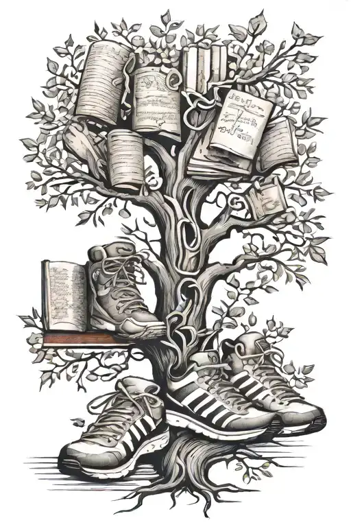 A tattoo design of a family tree with branches shaped like books, running shoes, and musical notes, symbolizing the importance of family, reading, running, and music in the client's life tattoo design idea