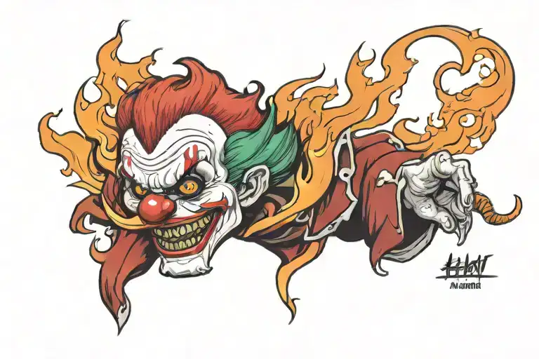 one evil clown head on fire tattoo design idea