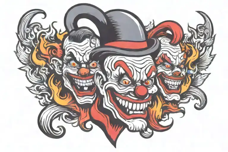in the middle there is one black head of an evil clown around fire tattoo design idea