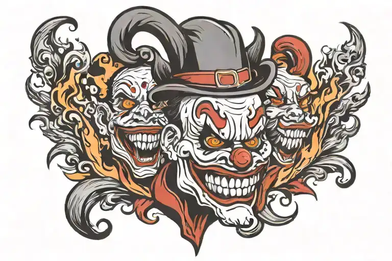 the head of an evil clown in the middle around the fire tattoo design idea