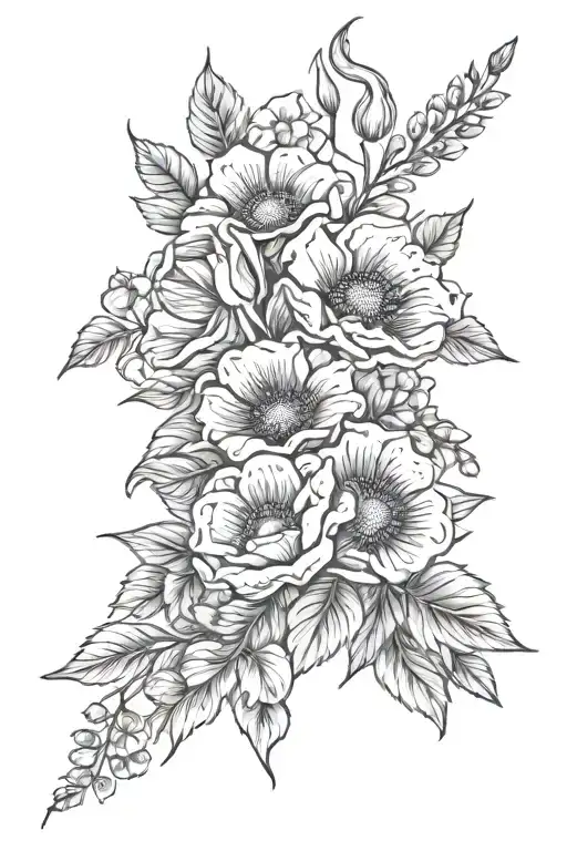 a full sleeve tattoo with an assortmwnt of flowers (sweet pea, honeysuckle, and poppies) with raspberry leaves  tattoo design idea