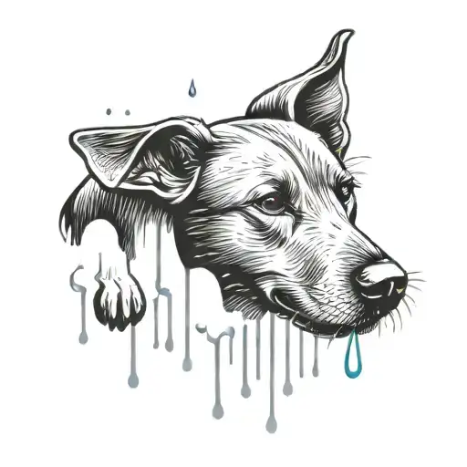 A tattoo design featuring a Labrador retriever playing in the rain with a freshener campaign theme, in dotwork style tattoo design idea
