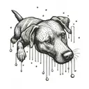 A tattoo design featuring a Labrador retriever playing in the rain with a freshener campaign theme, in dotwork style tattoo design idea