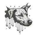 A tattoo design featuring a Labrador retriever playing in the rain with a freshener campaign theme, in dotwork style tattoo design idea