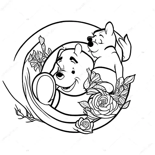 A minimalist Winnie the Pooh and Ariel together, surrounded by blue roses tattoo design idea