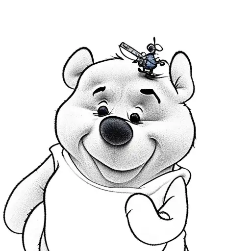 A minimalist silhouette of Winnie the Pooh sitting on a blue rose tattoo design idea