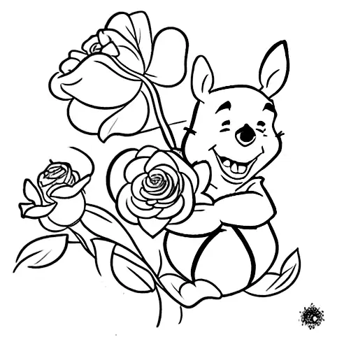 A minimalist silhouette of Winnie the Pooh sitting on a blue rose tattoo design idea