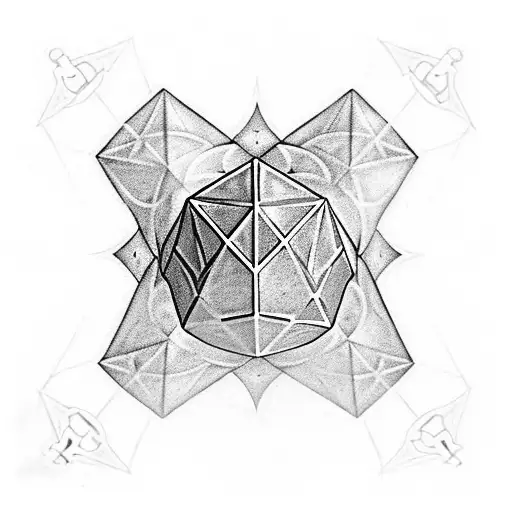 There is a D20 cube in the center. D&D attributes (swords, axes, spell scrolls) are located around. All this is held in  tattoo design idea