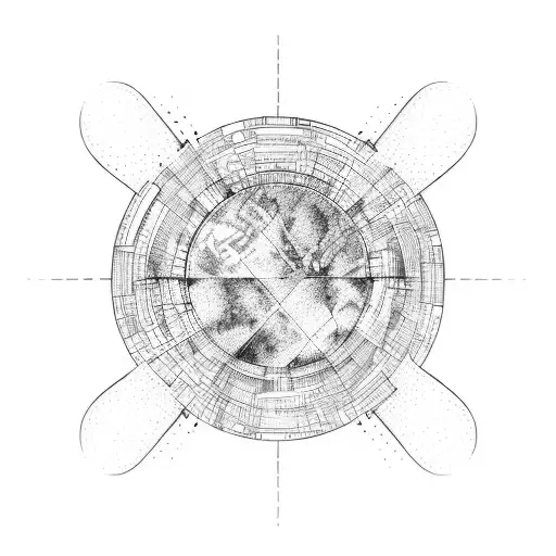 square planet with wave abstrait Line tattoo design idea