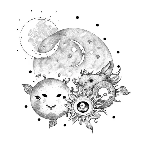 floral moon and sun bunny grunge  tattoo design idea