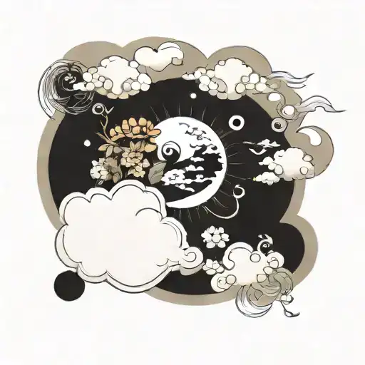 A floral space design, moon and sun , with Japanese clouds tattoo design idea