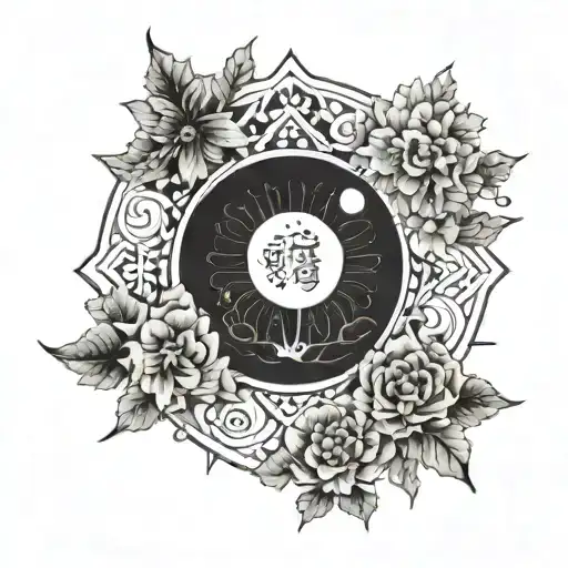 A floral space design, moon and sun , with Japanese clouds tattoo design idea