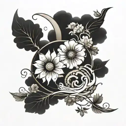 A minimalist floral design, crescent moon and sun merging together, with Japanese clouds  tattoo design idea