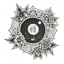 A floral space design, moon and sun , with Japanese clouds tattoo design idea