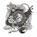 A floral space design, moon and sun , with Japanese clouds tattoo design idea