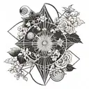 A floral space design, moon and sun , with Japanese clouds tattoo design idea