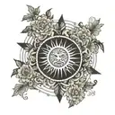 A floral space design, moon and sun , with Japanese clouds tattoo design idea