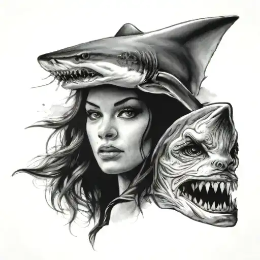 shark and lady head tattoo design idea