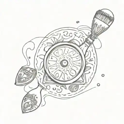 A hand mirror with a paint palette and brushes, add sentence: cursed to be someone you can't love tattoo design idea