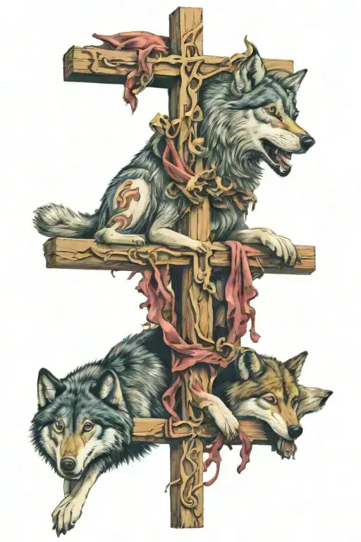 40 cm cross with Jesus, legs broken. Below, 3 wolves: one eating pieces, one biting leg, one howling on the right. tattoo design idea