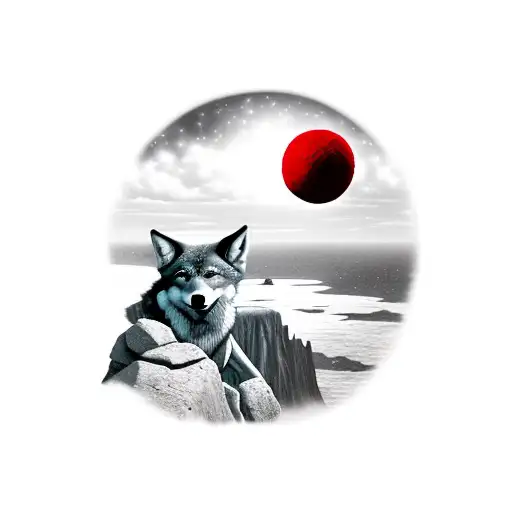 a red wolf on a cliff howling at a black and white soccer ball in the sky tattoo design idea