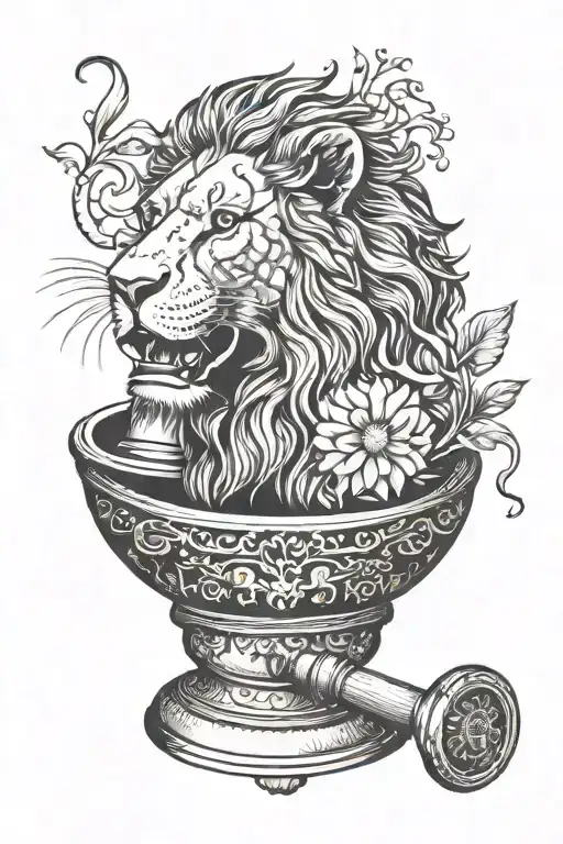 A pharmacist's mortar and pestle with a lion's head and fish scales design tattoo design idea