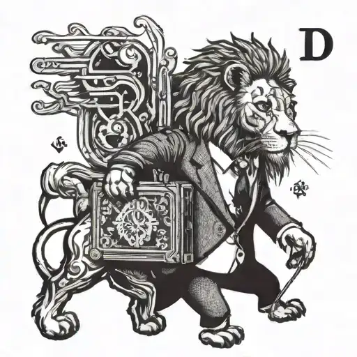 A lion wearing a suit and tie, holding a briefcase with pharmaceutical symbols on it tattoo design idea