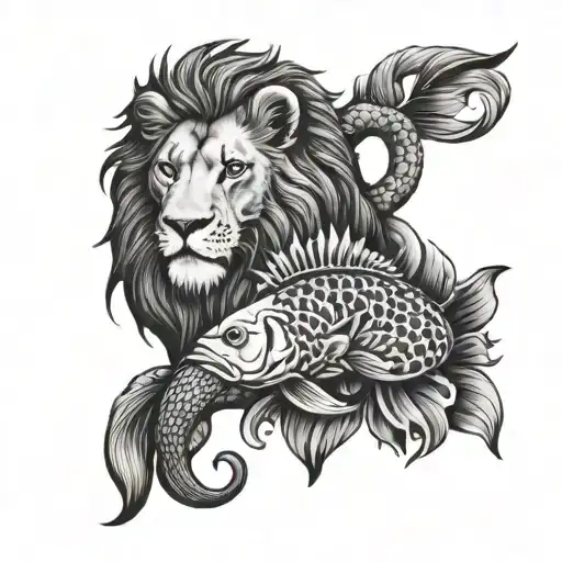 A lion and fish intertwined, representing the balance between business and nature tattoo design idea