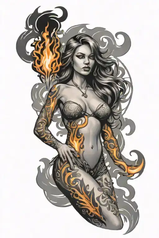 A tattoo design featuring a sexy woman in a bikini with flames surrounding her, paying homage to the fire element tattoo design idea